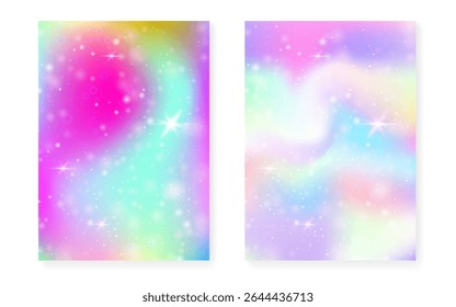 Magic background with princess rainbow gradient. Kawaii unicorn hologram.