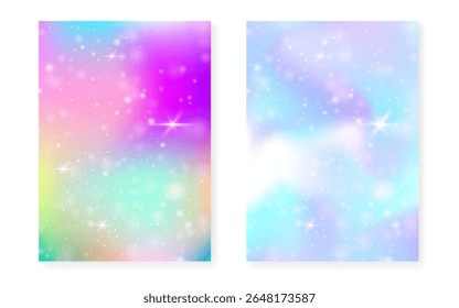 Fundo mágico com gradiente de arco-íris princesa. Holograma de unicórnio de Kawaii.