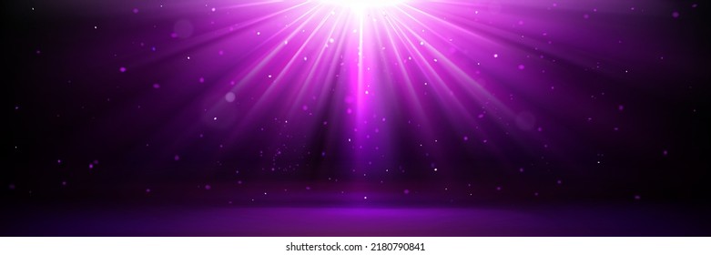 Fondo mágico con efecto de rayos violetas. Ilustración vectorial realista de ráfagas de estrellas, luces de disco con vigas borrosas, iluminación de espectáculo en discoteca