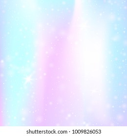 Magic background with rainbow mesh. Colorful universe banner in princess colors. Fantasy gradient backdrop with hologram. Holographic magic background with fairy sparkles, stars and blurs.