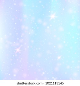Magic background with rainbow mesh. Colorful universe banner in princess colors. Fantasy gradient backdrop with hologram. Holographic magic background with fairy sparkles, stars and blurs.
