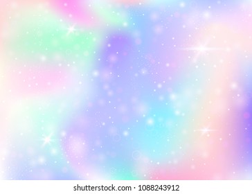 Magic background with rainbow mesh. Colorful universe banner in rainbow colors. Fantasy gradient backdrop with hologram. Holographic magic background with fairy sparkles, stars and blurs.