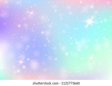 Magic background with rainbow mesh. Colorful universe banner in princess colors. Fantasy gradient backdrop with hologram. Holographic magic background with fairy sparkles, stars and blurs.