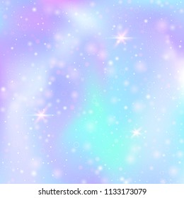 Magic background with rainbow mesh. Colorful universe banner in princess colors. Fantasy gradient backdrop with hologram. Holographic magic background with fairy sparkles, stars and blurs.