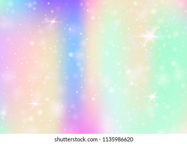 Magic background with rainbow mesh. Colorful universe banner in princess colors. Fantasy gradient backdrop with hologram. Holographic magic background with fairy sparkles, stars and blurs.