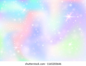 Magic background with rainbow mesh. Colorful universe banner in princess colors. Fantasy gradient backdrop with hologram. Holographic magic background with fairy sparkles, stars and blurs.