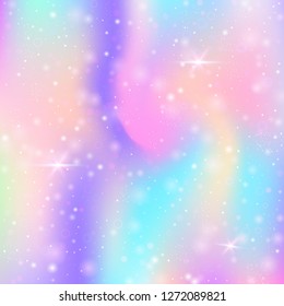 Magic background with rainbow mesh. Colorful universe banner in princess colors. Fantasy gradient backdrop with hologram. Holographic magic background with fairy sparkles, stars and blurs.