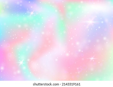 Magic background with rainbow mesh. Colorful universe banner in princess colors. Fantasy gradient backdrop with hologram. Holographic magic background with fairy sparkles, stars and blurs.