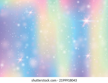 Fondo mágico con malla arco iris. Banner de universo colorido en colores princesas. Fondo gradiente de fantasía con holograma. Fondo de magia holográfica con destellos de hadas, estrellas y borrosas.