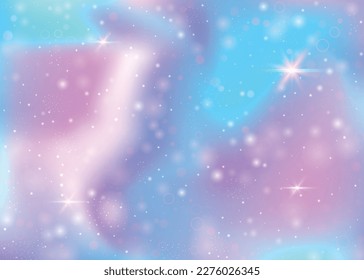 Magischer Hintergrund mit Regenbogenmaschen. Farbiges Universum-Banner in Druckfarben. Fantasy-Farbverlauf-Hintergrund mit Hologramm. Holografischer magischer Hintergrund mit Feenfunkeln, Sternen und Bluren.