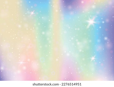 Magic background with rainbow mesh. Colorful universe banner in princess colors. Fantasy gradient backdrop with hologram. Holographic magic background with fairy sparkles, stars and blurs.
