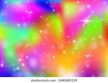 Magic background with rainbow mesh. Colorful universe banner in princess colors. Fantasy gradient backdrop with hologram. Holographic magic background with fairy sparkles, stars and blurs.