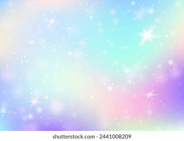 Magic background with rainbow mesh. Colorful universe banner in princess colors. Fantasy gradient backdrop with hologram. Holographic magic background with fairy sparkles, stars and blurs.