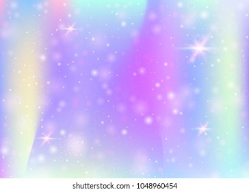 Magic background with rainbow mesh. Cute universe banner in princess colors. Fantasy gradient backdrop with hologram. Holographic magic background with fairy sparkles, stars and blurs.