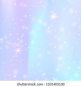 Magic background with rainbow mesh. Cute universe banner in princess colors. Fantasy gradient backdrop with hologram. Holographic magic background with fairy sparkles, stars and blurs.