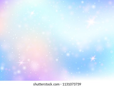Magic background with rainbow mesh. Cute universe banner in princess colors. Fantasy gradient backdrop with hologram. Holographic magic background with fairy sparkles, stars and blurs.