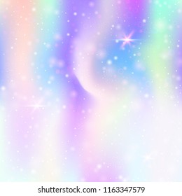 Magic background with rainbow mesh. Cute universe banner in princess colors. Fantasy gradient backdrop with hologram. Holographic magic background with fairy sparkles, stars and blurs.