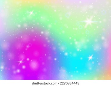 Magic background with rainbow mesh. Cute universe banner in princess colors. Fantasy gradient backdrop with hologram. Holographic magic background with fairy sparkles, stars and blurs.