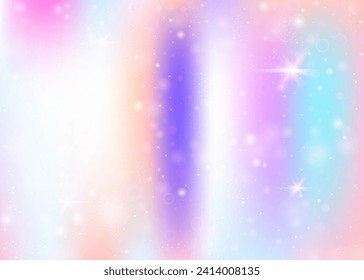Magic background with rainbow mesh. Cute universe banner in princess colors. Fantasy gradient backdrop with hologram. Holographic magic background with fairy sparkles, stars and blurs.