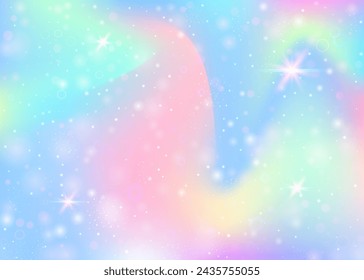 Fondo mágico con malla de arco iris. Banner del universo lindo en colores de la princesa. Fondo de gradiente de fantasía con holograma. Fondo mágico holográfico con destellos de hadas, estrellas y desenfoques.