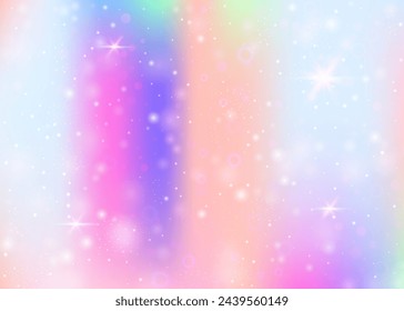 Magic background with rainbow mesh. Cute universe banner in princess colors. Fantasy gradient backdrop with hologram. Holographic magic background with fairy sparkles, stars and blurs.