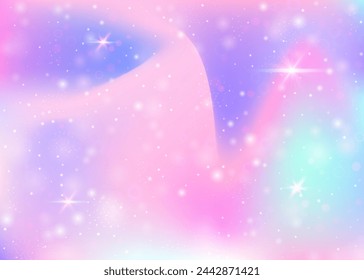 Fondo mágico con malla de arco iris. Banner del universo lindo en colores de la princesa. Fondo de gradiente de fantasía con holograma. Fondo mágico holográfico con destellos de hadas, estrellas y desenfoques.