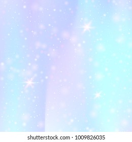 Magic background with rainbow mesh. Girlie universe banner in princess colors. Fantasy gradient backdrop with hologram. Holographic magic background with fairy sparkles, stars and blurs.
