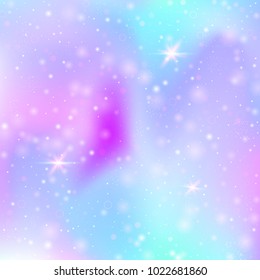 Magic background with rainbow mesh. Girlie universe banner in princess colors. Fantasy gradient backdrop with hologram. Holographic magic background with fairy sparkles, stars and blurs.