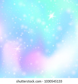 Magic background with rainbow mesh. Girlie universe banner in princess colors. Fantasy gradient backdrop with hologram. Holographic magic background with fairy sparkles, stars and blurs.