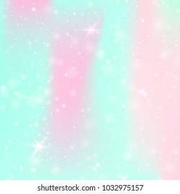 Magic background with rainbow mesh. Girlie universe banner in princess colors. Fantasy gradient backdrop with hologram. Holographic magic background with fairy sparkles, stars and blurs.
