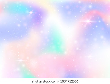 Magic background with rainbow mesh. Girlie universe banner in princess colors. Fantasy gradient backdrop with hologram. Holographic magic background with fairy sparkles, stars and blurs.