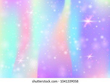 Magic background with rainbow mesh. Girlie universe banner in princess colors. Fantasy gradient backdrop with hologram. Holographic magic background with fairy sparkles, stars and blurs.