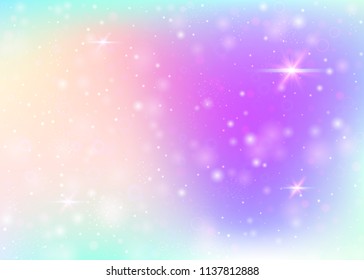 Magic background with rainbow mesh. Girlie universe banner in princess colors. Fantasy gradient backdrop with hologram. Holographic magic background with fairy sparkles, stars and blurs.