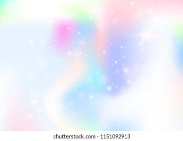 Magic background with rainbow mesh. Girlie universe banner in princess colors. Fantasy gradient backdrop with hologram. Holographic magic background with fairy sparkles, stars and blurs.