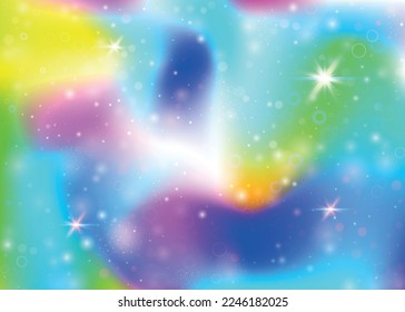 Magic background with rainbow mesh. Girlie universe banner in princess colors. Fantasy gradient backdrop with hologram. Holographic magic background with fairy sparkles, stars and blurs.