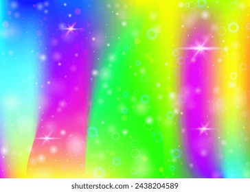 Magic background with rainbow mesh. Girlie universe banner in princess colors. Fantasy gradient backdrop with hologram. Holographic magic background with fairy sparkles, stars and blurs.