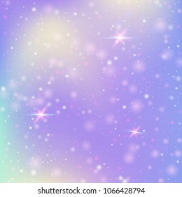 Magic background with rainbow mesh. Girlish universe banner in princess colors. Fantasy gradient backdrop with hologram. Holographic magic background with fairy sparkles, stars and blurs.