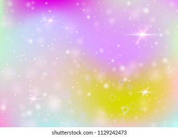Magic background with rainbow mesh. Girlish universe banner in princess colors. Fantasy gradient backdrop with hologram. Holographic magic background with fairy sparkles, stars and blurs.