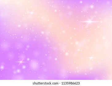 Magic background with rainbow mesh. Girlish universe banner in princess colors. Fantasy gradient backdrop with hologram. Holographic magic background with fairy sparkles, stars and blurs.