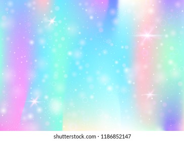 Magic background with rainbow mesh. Girlish universe banner in princess colors. Fantasy gradient backdrop with hologram. Holographic magic background with fairy sparkles, stars and blurs.