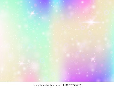 Magic background with rainbow mesh. Girlish universe banner in princess colors. Fantasy gradient backdrop with hologram. Holographic magic background with fairy sparkles, stars and blurs.