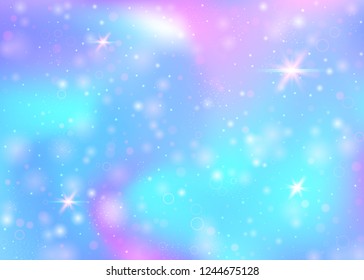 Magic background with rainbow mesh. Girlish universe banner in princess colors. Fantasy gradient backdrop with hologram. Holographic magic background with fairy sparkles, stars and blurs.