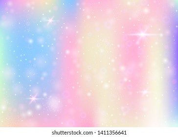 Magic background with rainbow mesh. Girlish universe banner in princess colors. Fantasy gradient backdrop with hologram. Holographic magic background with fairy sparkles, stars and blurs.