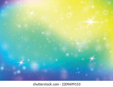 Magic background with rainbow mesh. Girlish universe banner in princess colors. Fantasy gradient backdrop with hologram. Holographic magic background with fairy sparkles, stars and blurs.