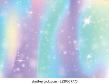 Magic background with rainbow mesh. Girlish universe banner in princess colors. Fantasy gradient backdrop with hologram. Holographic magic background with fairy sparkles, stars and blurs.