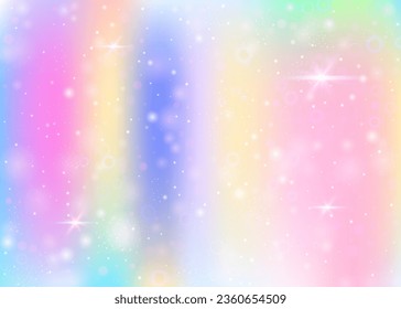 Magischer Hintergrund mit Regenbogenmaschen. Girls-Universum-Banner in Prinzessinnen-Farben. Fantasy-Farbverlauf-Hintergrund mit Hologramm. Holografischer magischer Hintergrund mit Feenfunkeln, Sternen und Bluren.