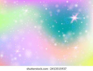 Magic background with rainbow mesh. Girlish universe banner in princess colors. Fantasy gradient backdrop with hologram. Holographic magic background with fairy sparkles, stars and blurs.