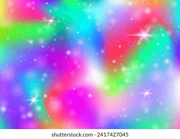 Magic background with rainbow mesh. Girlish universe banner in princess colors. Fantasy gradient backdrop with hologram. Holographic magic background with fairy sparkles, stars and blurs.