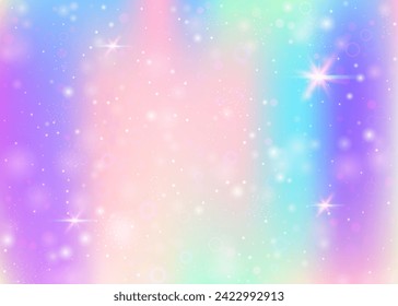 Magic background with rainbow mesh. Girlish universe banner in princess colors. Fantasy gradient backdrop with hologram. Holographic magic background with fairy sparkles, stars and blurs.