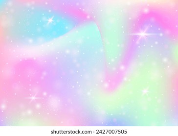 Magic background with rainbow mesh. Girlish universe banner in princess colors. Fantasy gradient backdrop with hologram. Holographic magic background with fairy sparkles, stars and blurs.